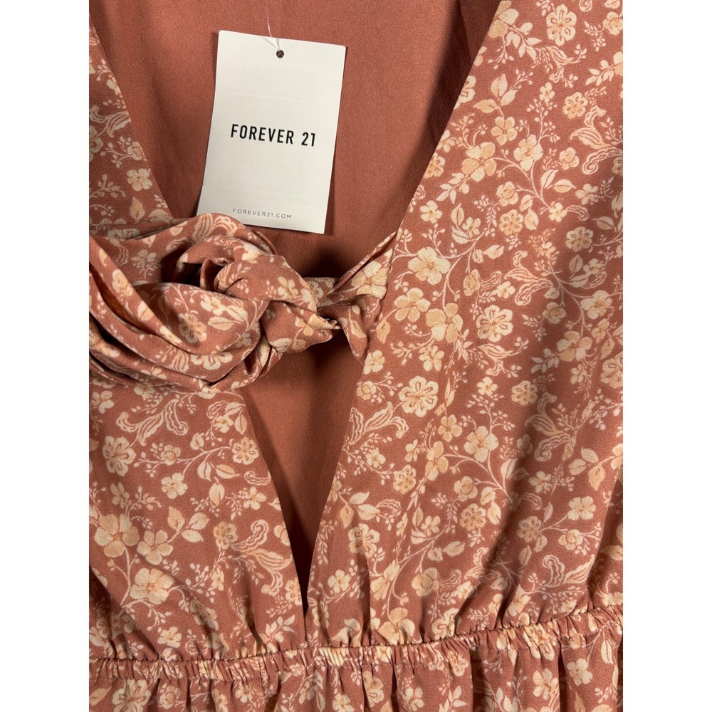 Forever 21 Plus Pink Floral Tie Front Tiered Ruffle Mini Dress 0X NWT - Picture 5 of 6